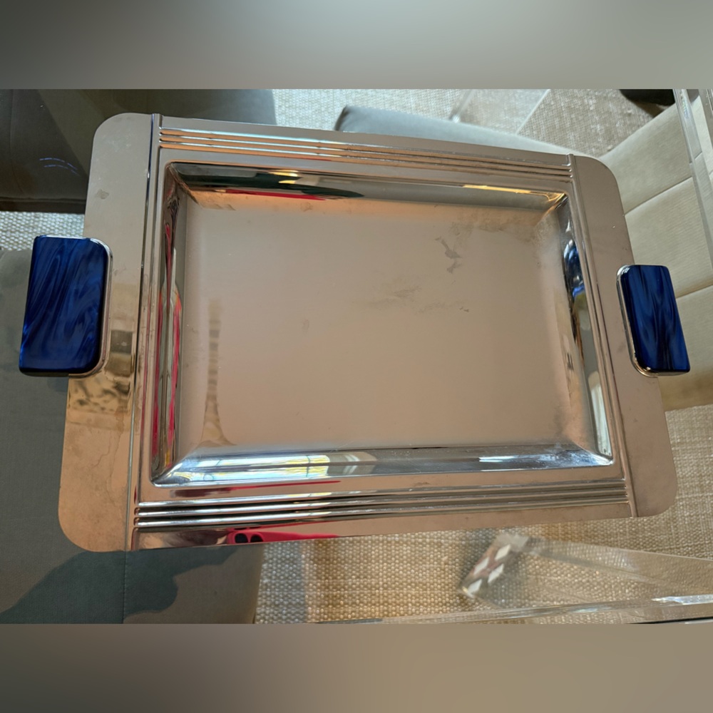 Vintage Jean Couzon Stainless Serving Tray with Blue Handles